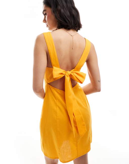 ASOS DESIGN square neck tie back mini sundress in mango, 3 of 4