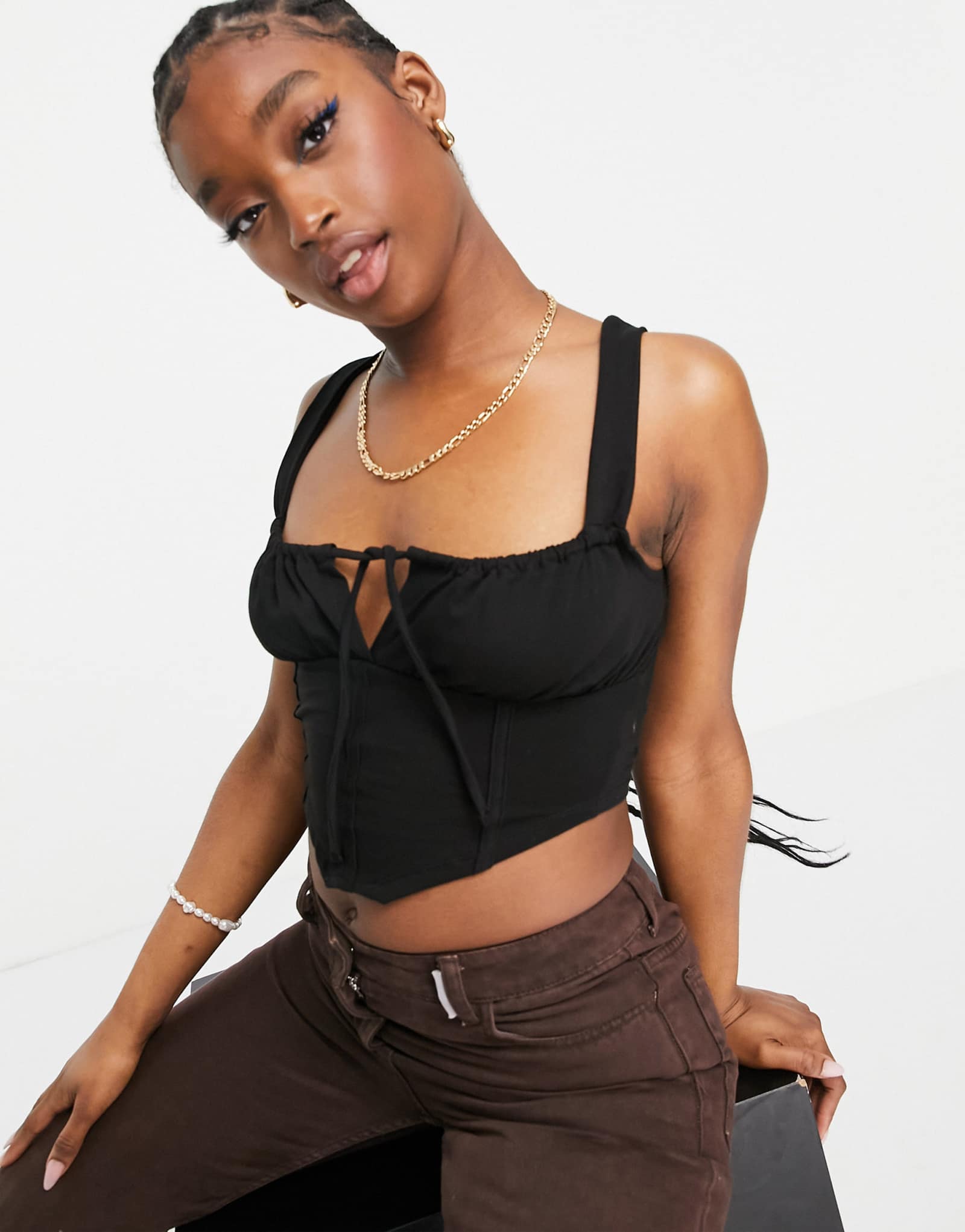 Черный корсет без рукавов с квадратным вырезом и завязками ASOS DESIGN