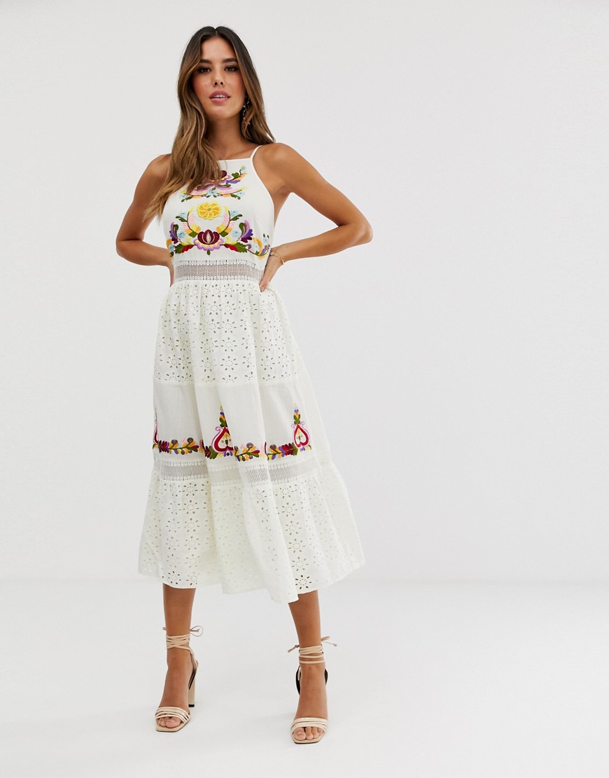 ASOS DESIGN square neck tiered midi dress with lace and embroidery-White