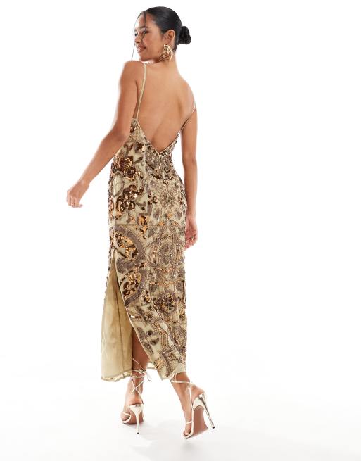 ASOS DESIGN square neck tile embellished midi dress with open back in gold  | ASOS