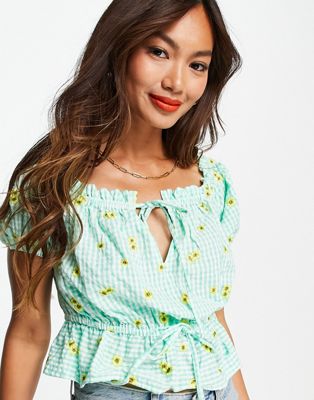 Asos Design Square Neck Top In Green Gingham With Floral Embroidered Detail Multi Modesens