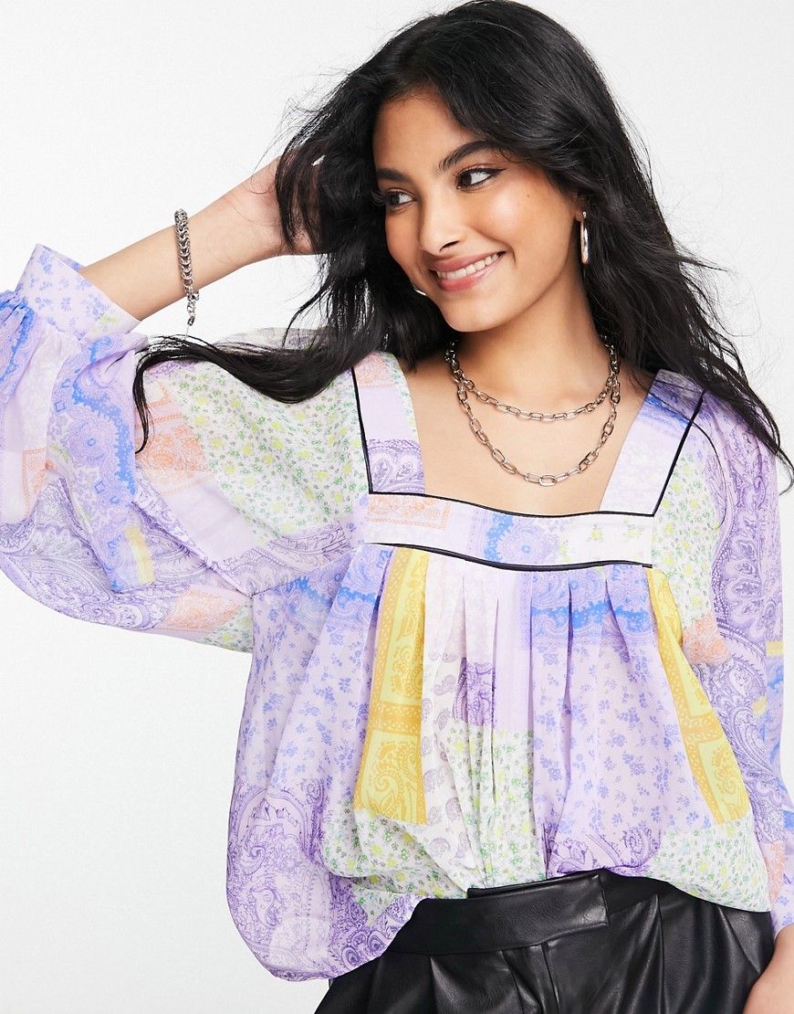 ASOS DESIGN square neck top with blouson sleeve in patchwork floral-Multi