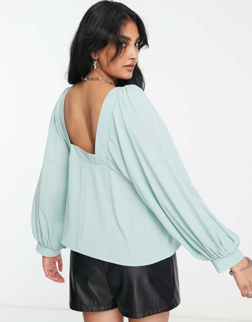 ASOS DESIGN square neck top with blouson sleeve in sage