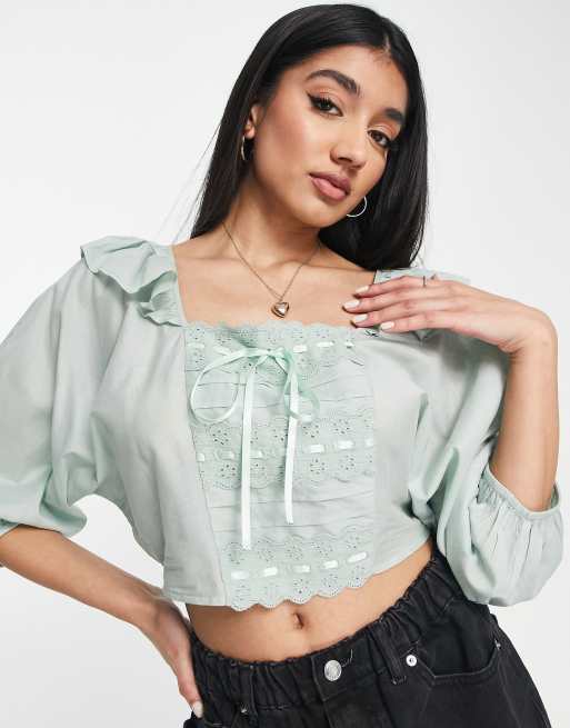 Green Ruffle-trim square-neckline gingham crop top