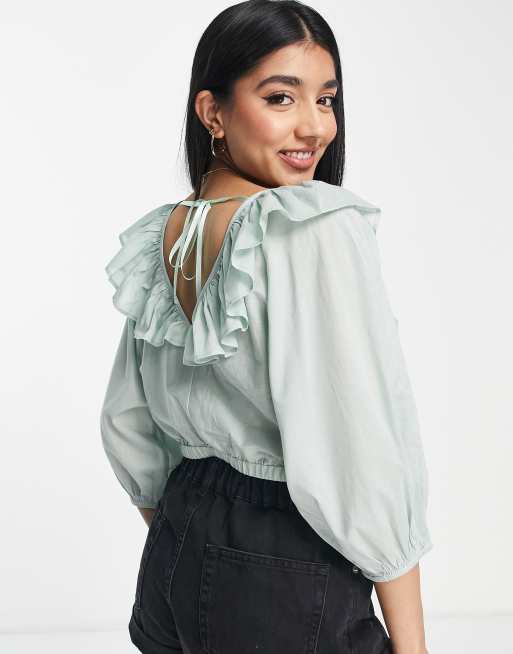 ASOS DESIGN long sleeve sheer blouse with ruffle frill detail and