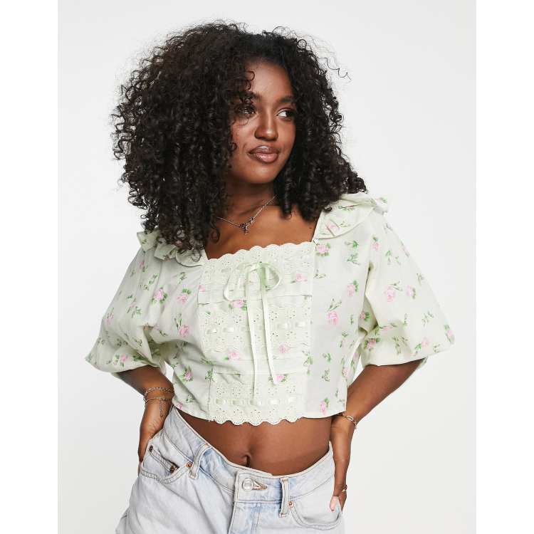 ASOS DESIGN square neck top with frill detail & ribbon insert in rose  floral print