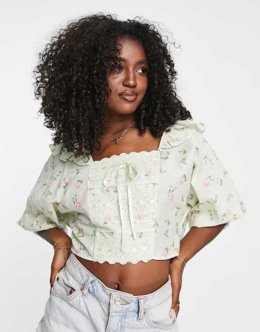 White Blue Floral Pattern Long Puff Sleeve Square Neck Tie Crop