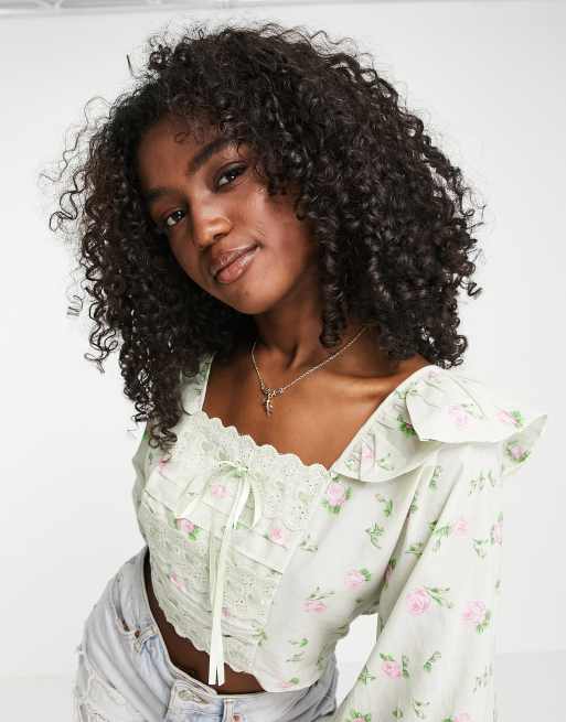 ASOS DESIGN square neck top with frill detail & ribbon insert in rose  floral print