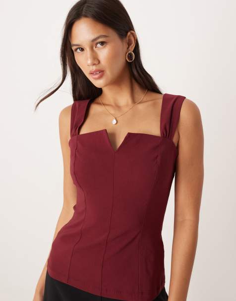 ASOS DESIGN square neck top with longline straps in burgundy - view 1
