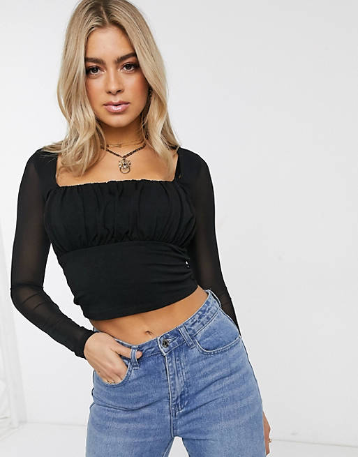 ASOS DESIGN square neck top with mesh sleeve in black | ASOS