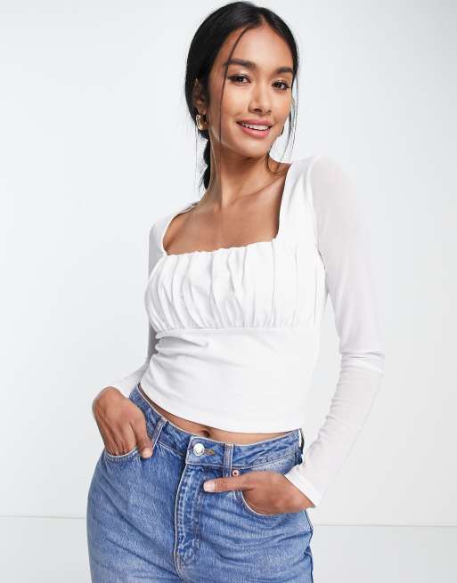 ASOS DESIGN square neck top with mesh sleeve in white