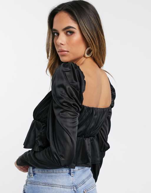 ASOS DESIGN square neck top with peplum hem in black, 2 of 4