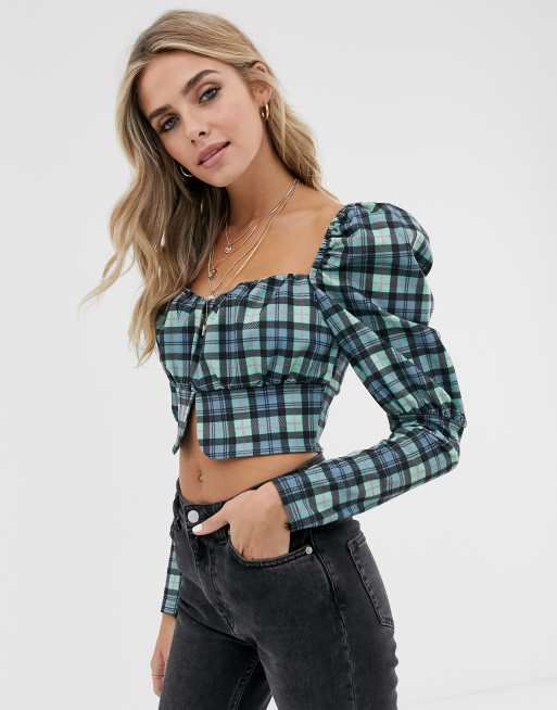 ASOS DESIGN square neck top with peplum hem in check