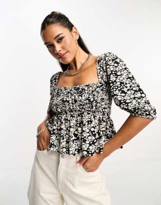 Asos Design Square Neck Top With Shirred Bodice In Mono Floral Print-black In Black
