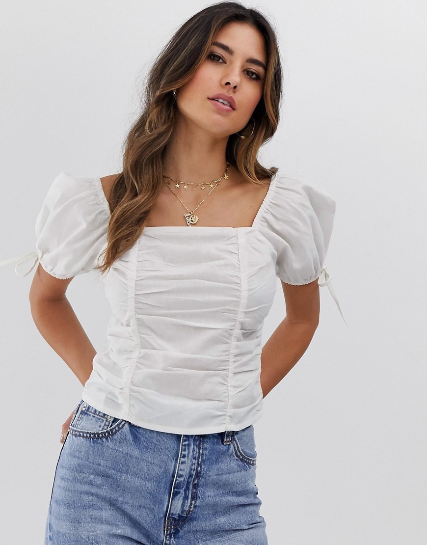 ASOS DESIGN square neck top with shirring in linen-White