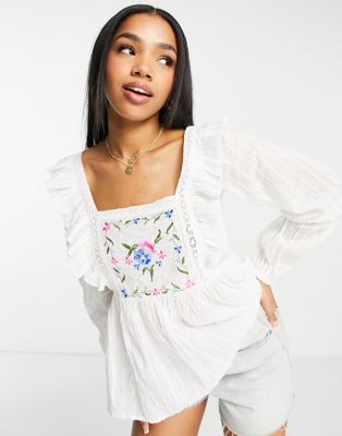 ASOS DESIGN square neck top with tie back and embroidered bodice in white | ASOS