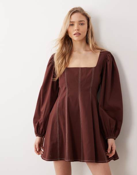 ASOS DESIGN square neck twill mini dress with puff sleeve and contrast stitching in warm chocolate