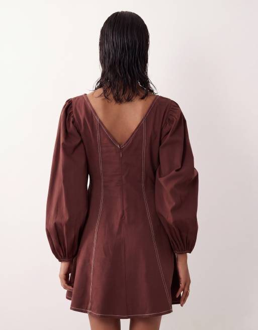 ASOS DESIGN square neck twill mini dress with puff sleeve and contrast stitching in warm chocolate, 2 of 4