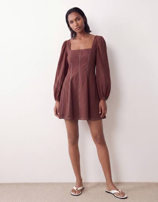 ASOS DESIGN square neck twill mini dress with puff sleeve and contrast stitching in warm chocolate, 3 of 4