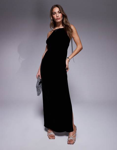 ASOS DESIGN square neck velvet maxi dress with tie detail in black - view 1