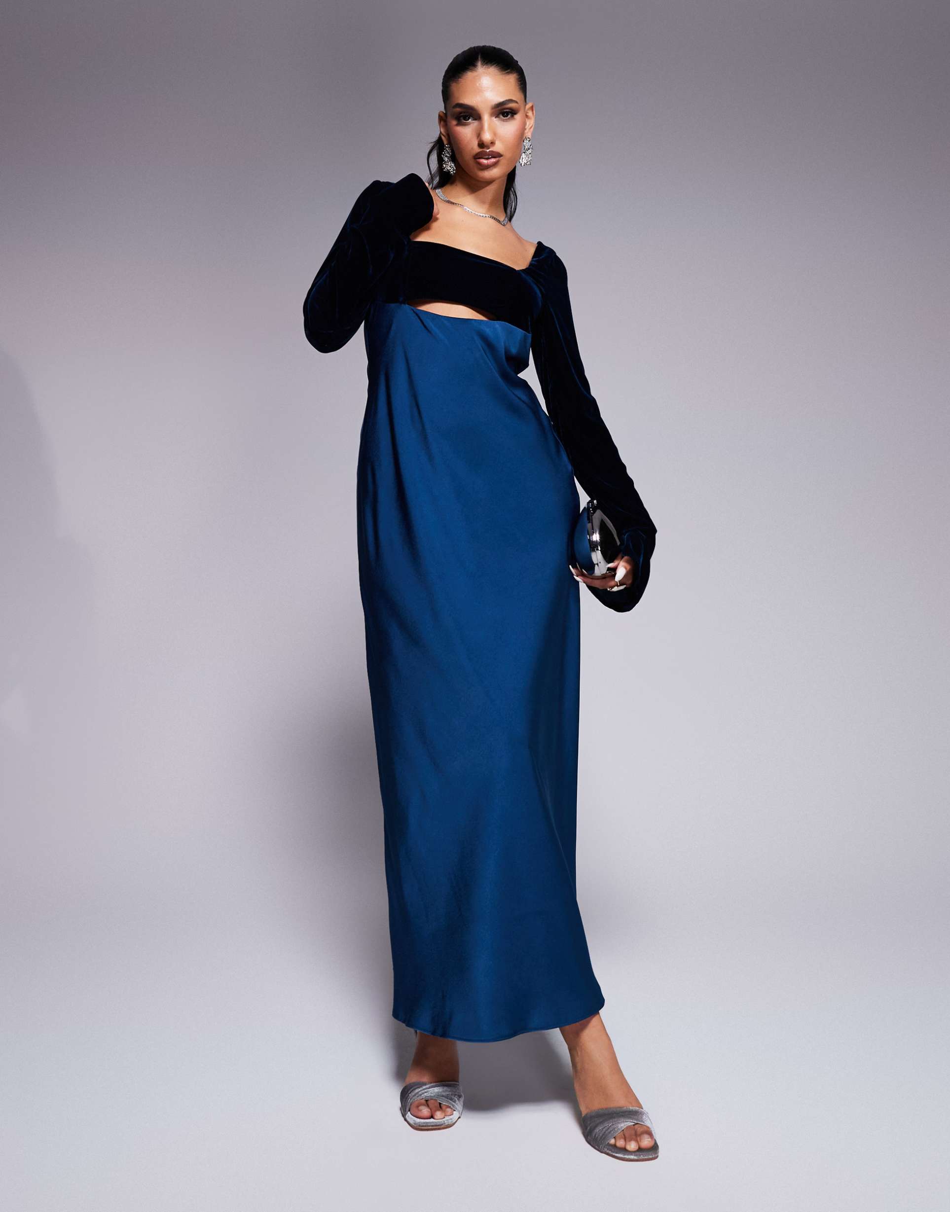 asos design square neck velvet satin mix midaxi dress with cut out in blue