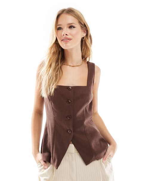 ASOS DESIGN square neck waistcoat in chocolate - view 1