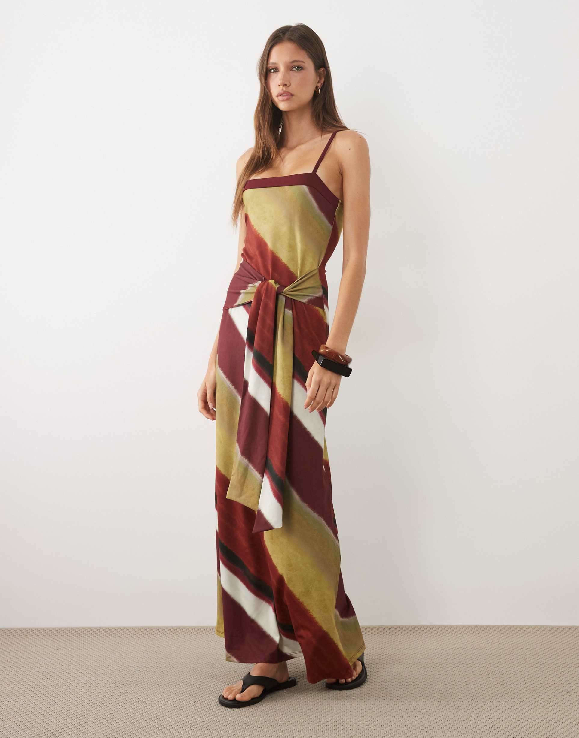 asos design square neck with tie detail maxi dress with ombre stripe print