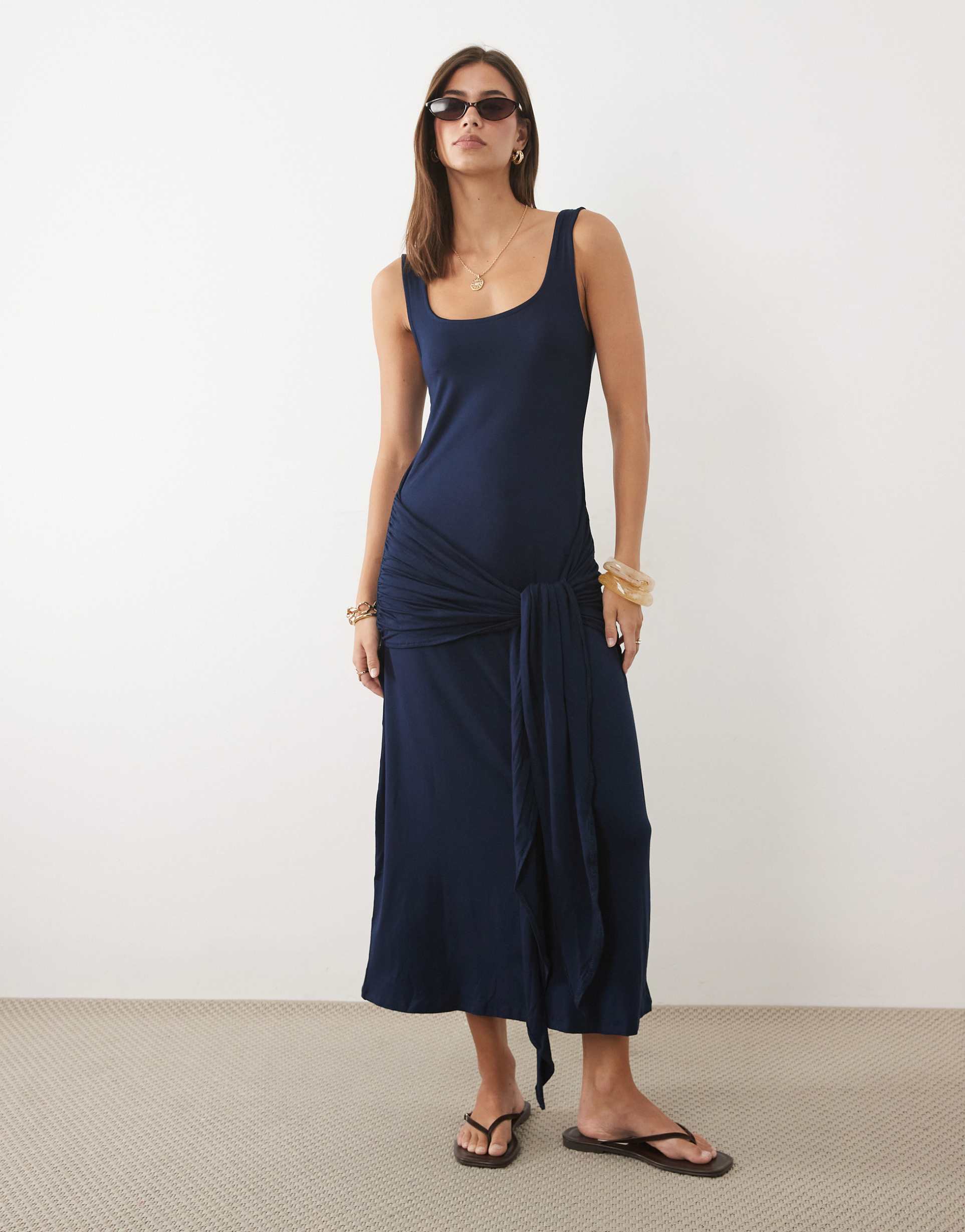asos design square neck with tie detail midi dress in navy