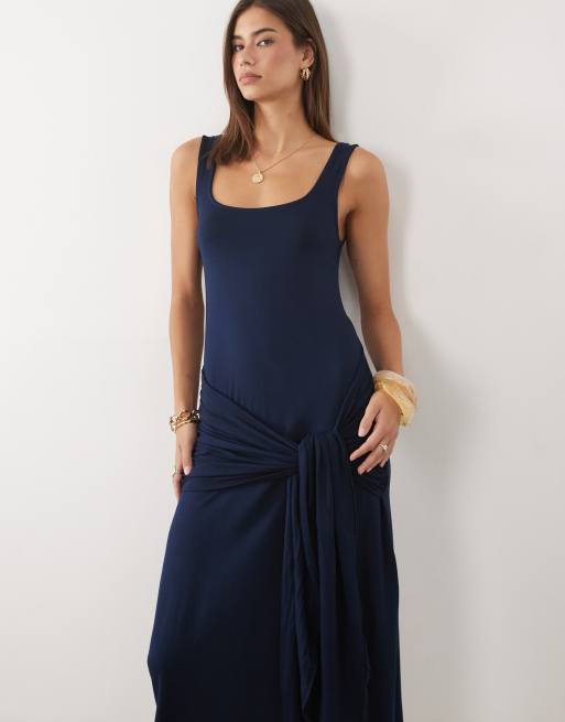 ASOS DESIGN square neck with tie detail midi dress in navy, 2 of 4