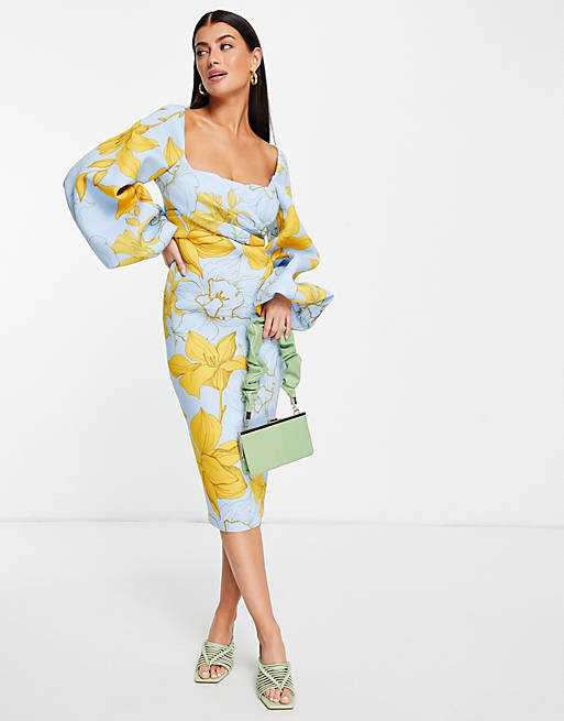 ASOS DESIGN square neck wrap bust super sleeve pencil midi dress in oversized floral print