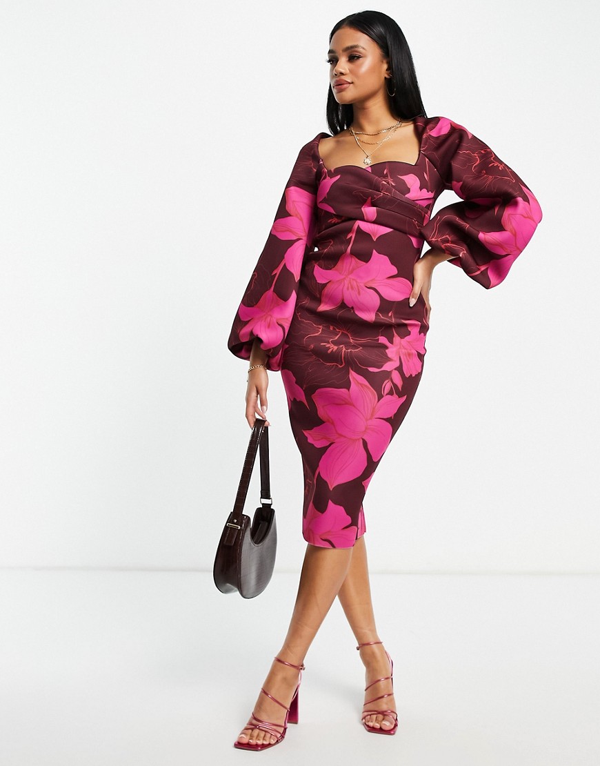 ASOS DESIGN square neck wrap bust super sleeve pencil midi dress in oversized floral print-Multi