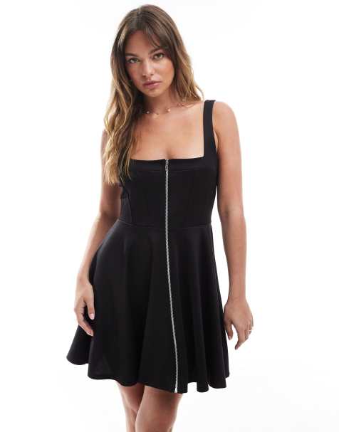 ASOS DESIGN square neck zip detail mini skater dress in black - view 1