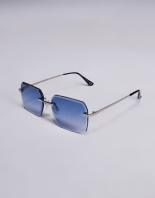 Asos Design Square Rimless Sunglasses With Blue Lens And Silver Temples In Silver
