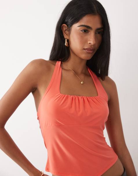 ASOS DESIGN square ruched halter top in red - view 1