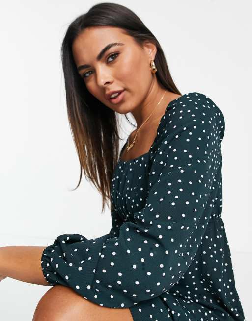 ASOS DESIGN square ruched neck midi dress in green spot print