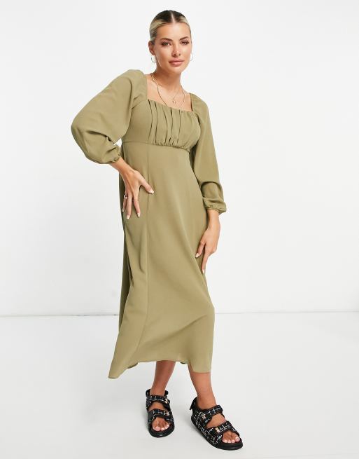 Ruched Square Neck Midi Dress