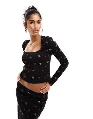 Asos Design Square Scoop Floral Embroidery Top In Black
