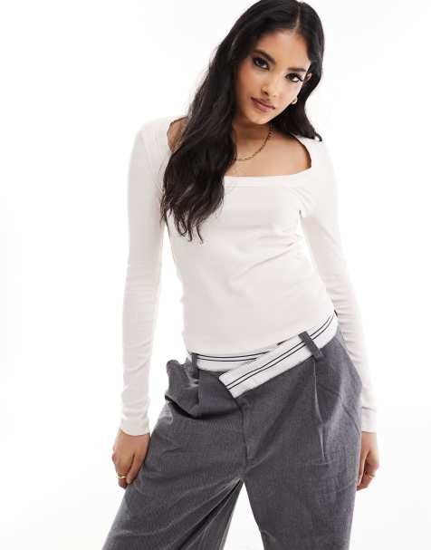 ASOS DESIGN square scoop neck long sleeve t-shirt in cream - view 1