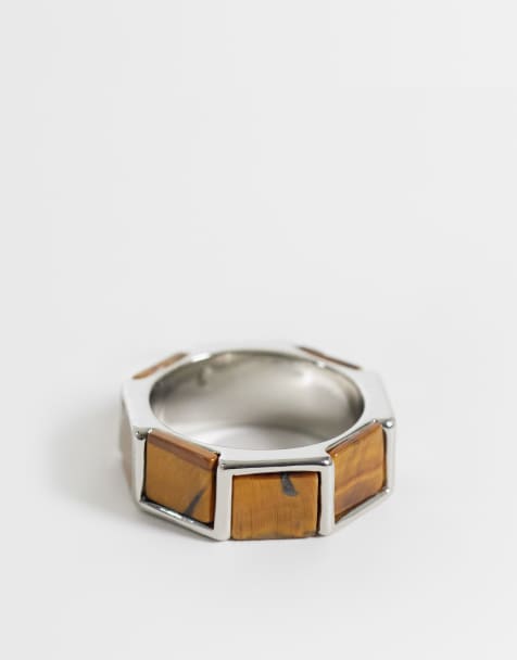 ASOS DESIGN square semi-precious tigers eye ring in silver - view 1
