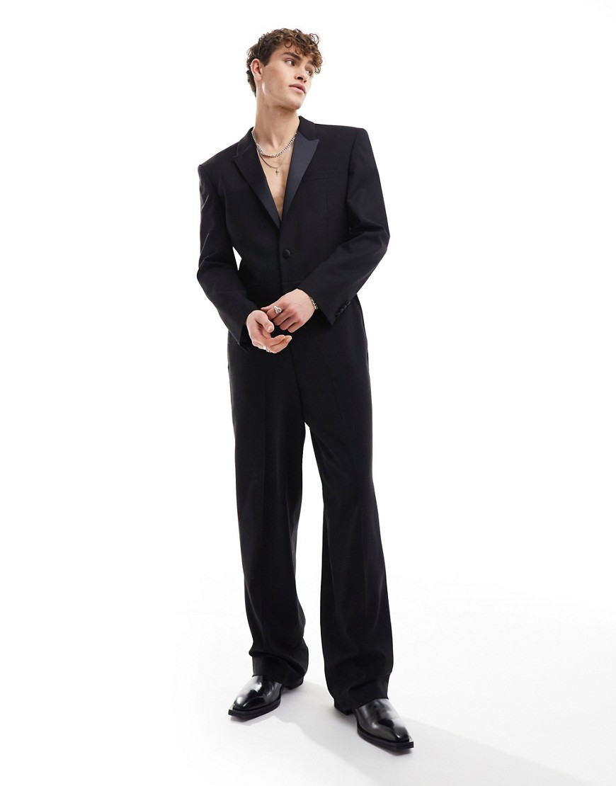 ASOS DESIGN square shoulder tuxedo suit jumpsuit in black