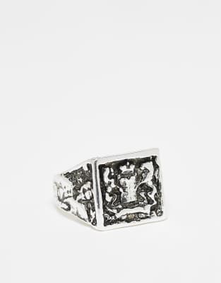 ASOS DESIGN square signet ring with crest design in silver