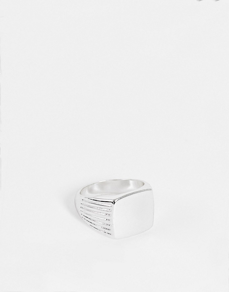 ASOS DESIGN square signet ring with line side detail in silver tone