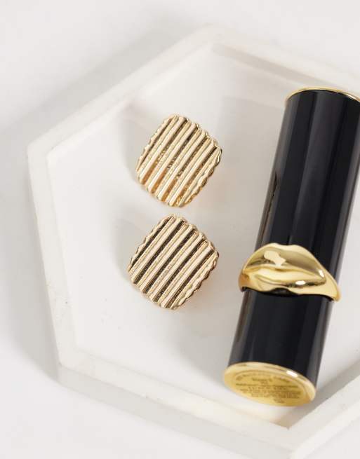 ASOS DESIGN square stud earrings in gold tone with ridged effect, 2 of 4