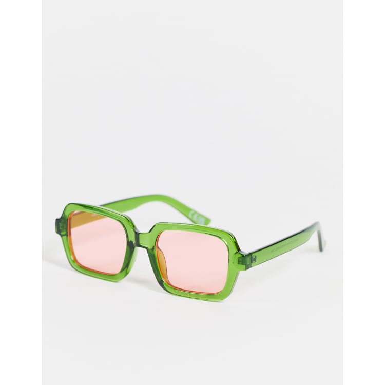 ASOS Design Rectangle Infinity Sunglasses with Green Lens in Khaki