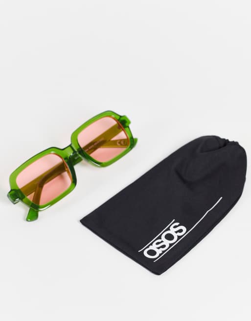 ASOS Design Rectangle Infinity Sunglasses with Green Lens in Khaki