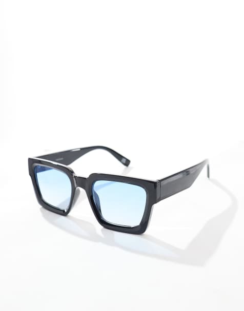 ASOS DESIGN square sunglasses with bevel frame and blue lens in black - view 2
