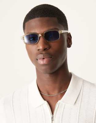 ASOS DESIGN square sunglasses with blue lens and angled crystal beige frame-Grey
