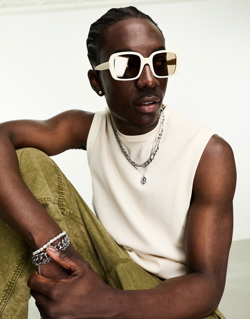 ASOS DESIGN square sunglasses with brown lens in ecru-White