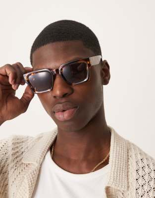 ASOS DESIGN ASOS DESIGN square sunglasses with burgundy lens and tortoise shell bevel frame-Brown