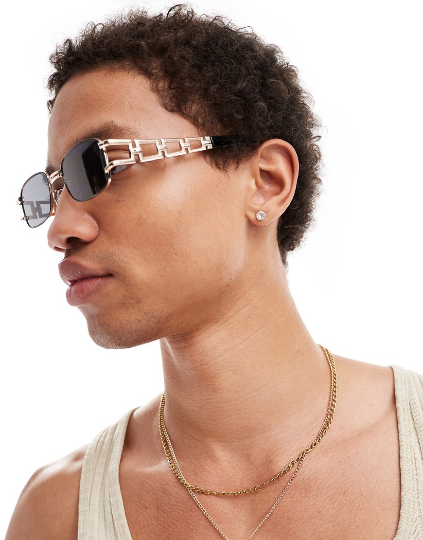 square sunglasses with chain link temple in black-Gold